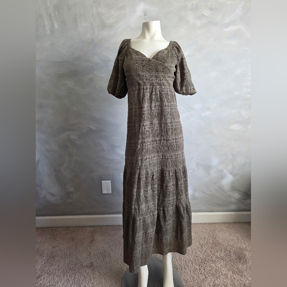 Linden Street Studio Women's Khaki Maxi Dress Puff Sleeves Tiered Sz M Cotton